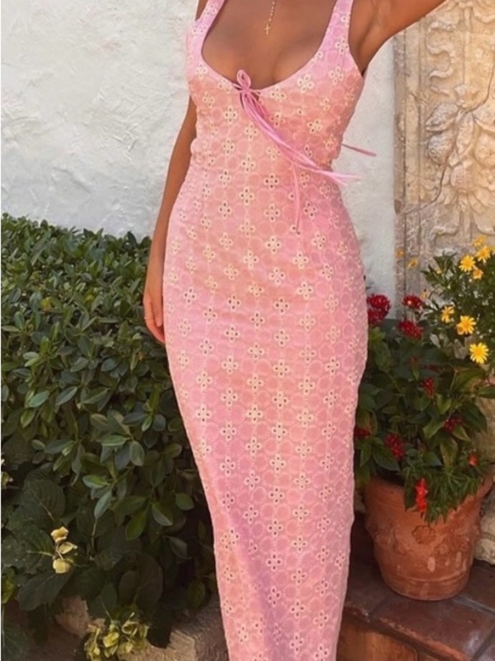 Sleeveless Pink Eyelet Tie-Front Midi Dress